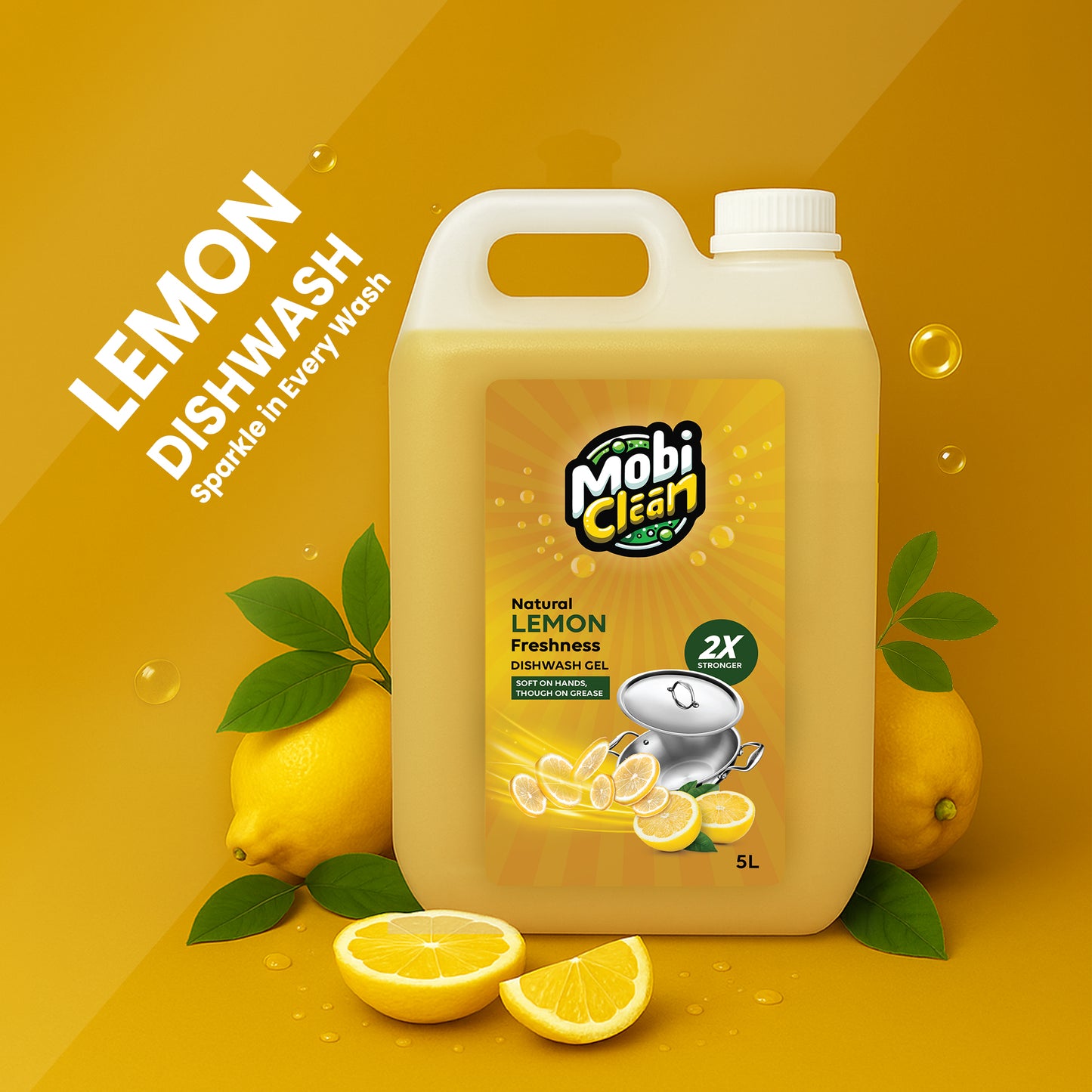 Mobi Clean Natural Lemon Dishwash Gel 5 Litre | 2X Stronger Formula, Soft on Hands