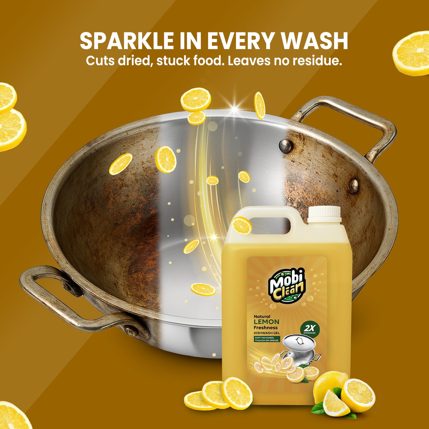Mobi Clean Natural Lemon Dishwash Gel 5 Litre | 2X Stronger Formula, Soft on Hands