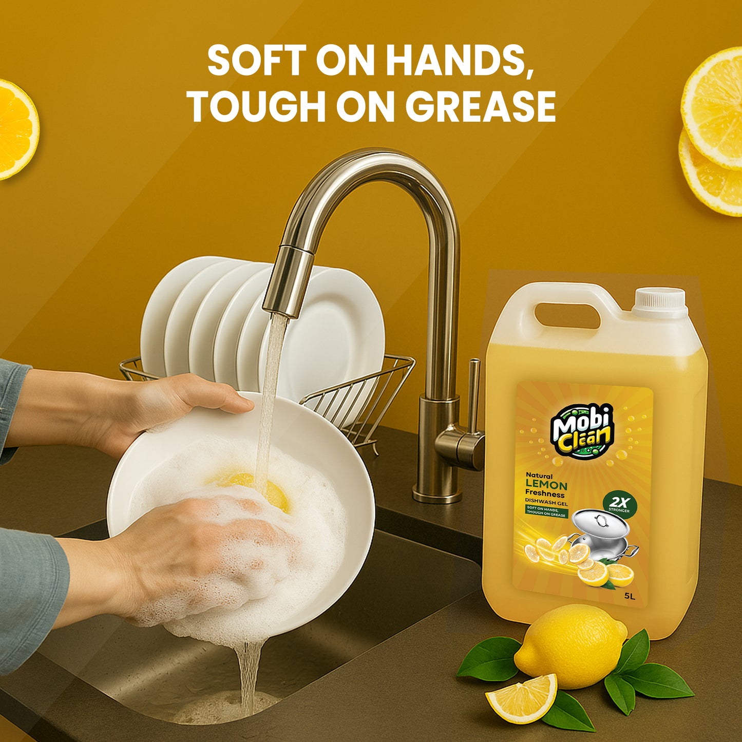 Mobi Clean Natural Lemon Dishwash Gel 5 Litre | 2X Stronger Formula, Soft on Hands