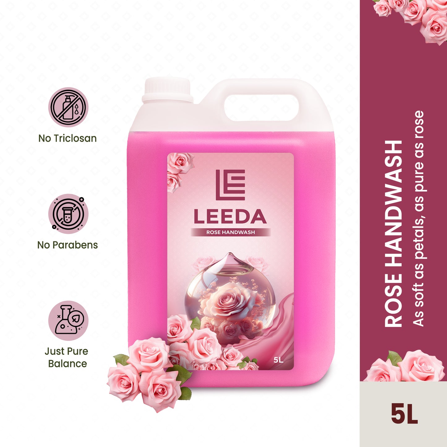 Leeda Rose Handwash 5 Litre | Calming Essence, Paraben-Free | Rich Lathering Formula